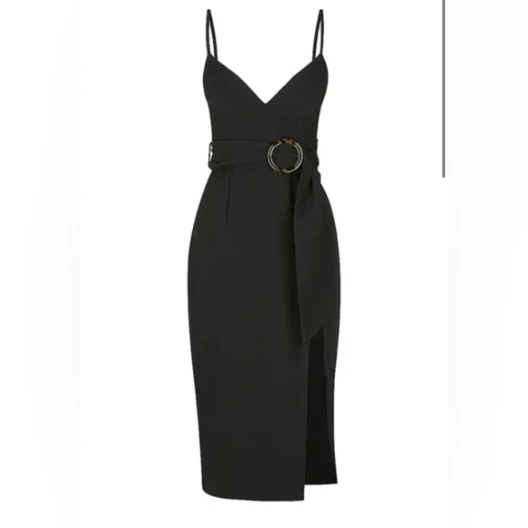 Shona Joy Andrea Fitted Cocktail Dress Black Belt Waist Midi Slit Size S 8 - Picture 3 of 11